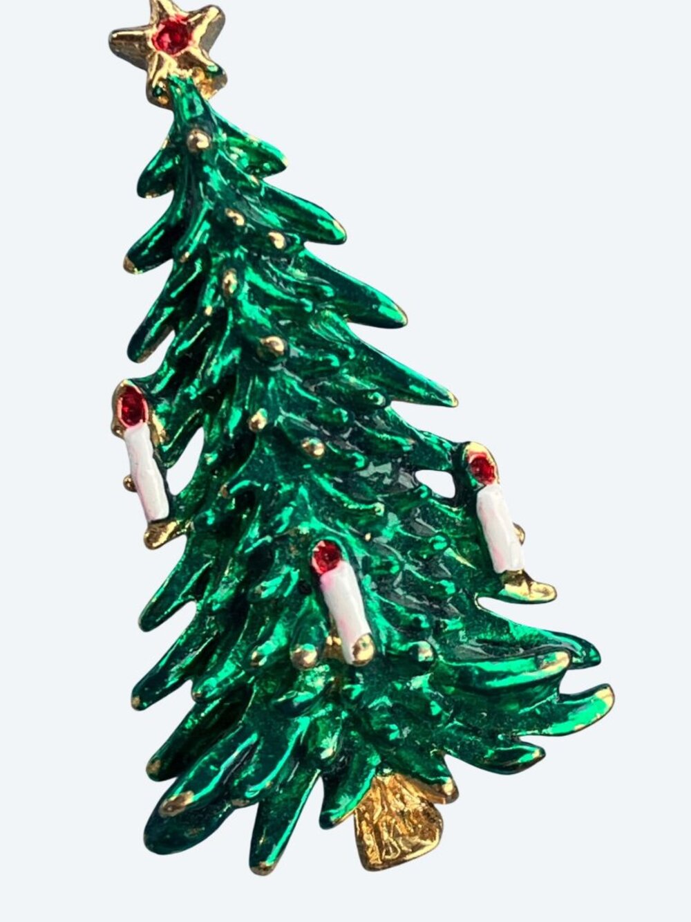Green Enamel Gold Tone Candles Christmas Tree with Candles Pin Brooch Vintage - Picture 2 of 7